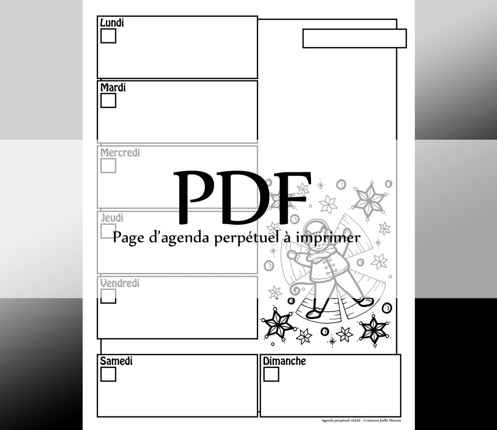 Page #0329 Agenda perpétuel - Téléchargement instantané - PDF à imprimer, MINOU FAIT UN ANGE DANS LA NEIGE, hiver, chat