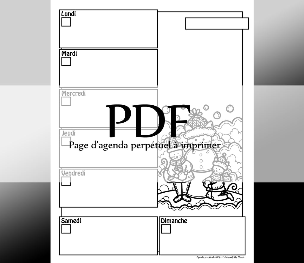 Page #0330 Agenda perpétuel - Téléchargement instantané - PDF à imprimer, MINOU FAIT UN BONHOMME DE NEIGE, hiver, chat