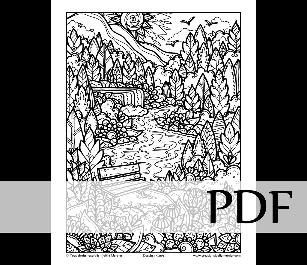 Téléchargement instantané - PDF à imprimer et colorier - LE BANC PRÈS DE LA RIVIÈRE #9309