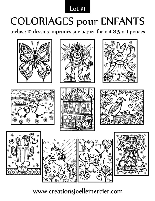 Lot #1 composé de 10 dessins à colorier pour enfants, format 8,5x11 pouces