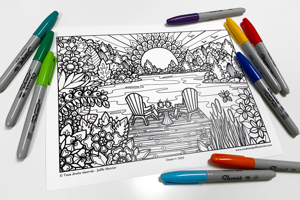 Dessin #7959 Mandala à colorier imprimé sur carton, TRANQUILLITÉ, chaises, quai, lac, soleil, nature