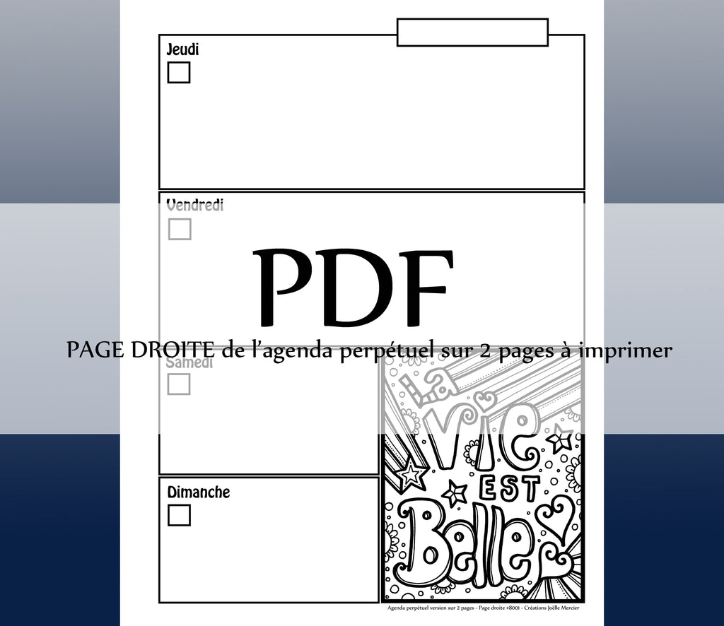 Page DROITE #8001 - Agenda perpétuel sur 2 pages - Téléchargement instantané - PDF à imprimer, LA VIE EST BELLE