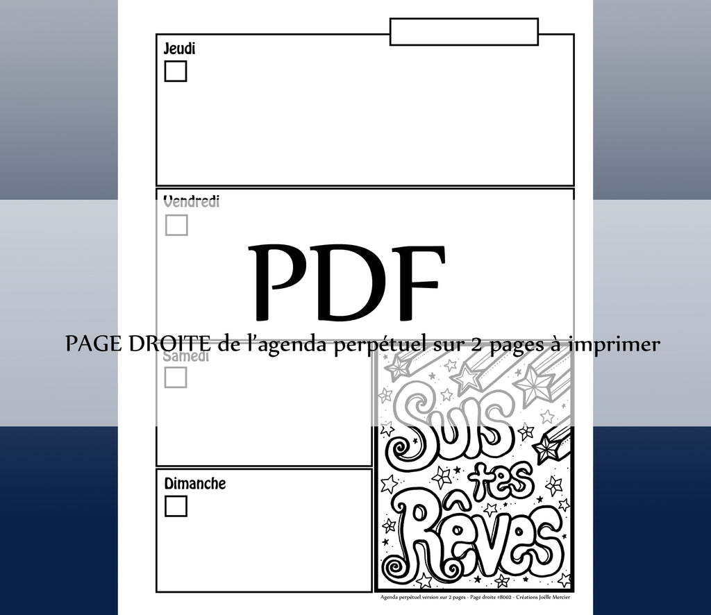 Page DROITE #8002 - Agenda perpétuel sur 2 pages - Téléchargement instantané - PDF à imprimer, SUIS TES RÊVES L