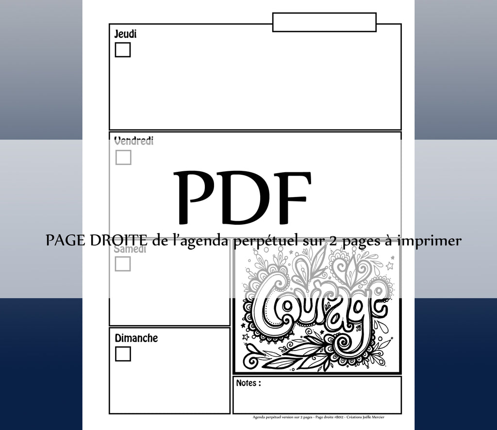 Page DROITE #8012 - Agenda perpétuel sur 2 pages - Téléchargement instantané - PDF à imprimer, COURAGE