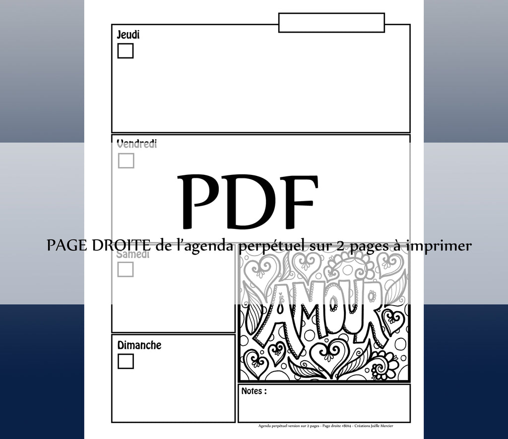 Page DROITE #8014 - Agenda perpétuel sur 2 pages - Téléchargement instantané - PDF à imprimer, AMOUR