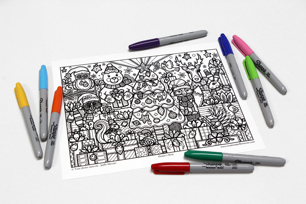 Dessin #8714 Mandala à colorier imprimé sur carton, TOUS RÉUNIS pour célébrer Noël, animaux