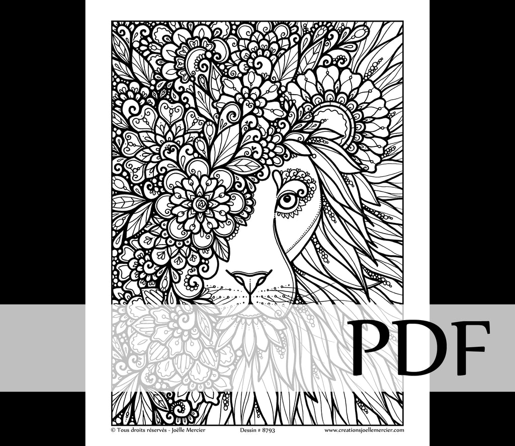 Téléchargement instantané - PDF à imprimer et colorier - LION FLEURI #8793