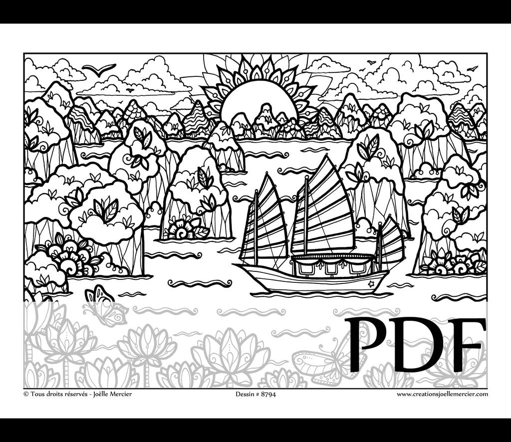 Téléchargement instantané - PDF à imprimer et colorier - JONQUE SUR LA BAIE DE HA LONG, bateau #8794