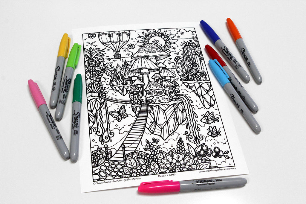 Dessin #8860 Mandala à colorier imprimé sur carton - LES ÎLES VOLANTES, monde imaginaire, champignons