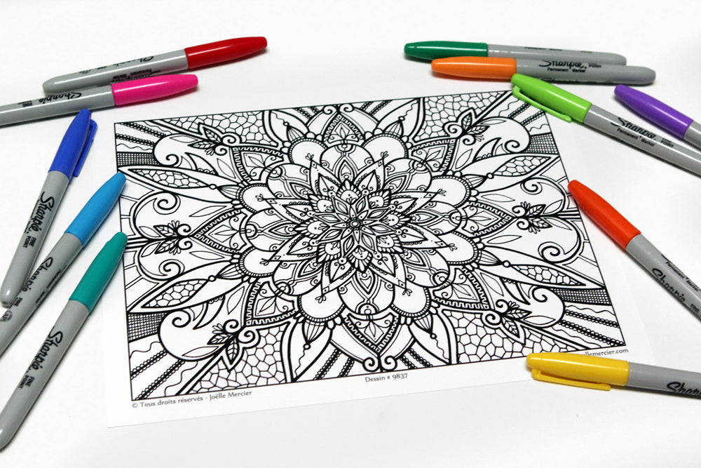 Pochette Fleurs #1 - Coloriage de relaxation - 5 dessins, style Mandala