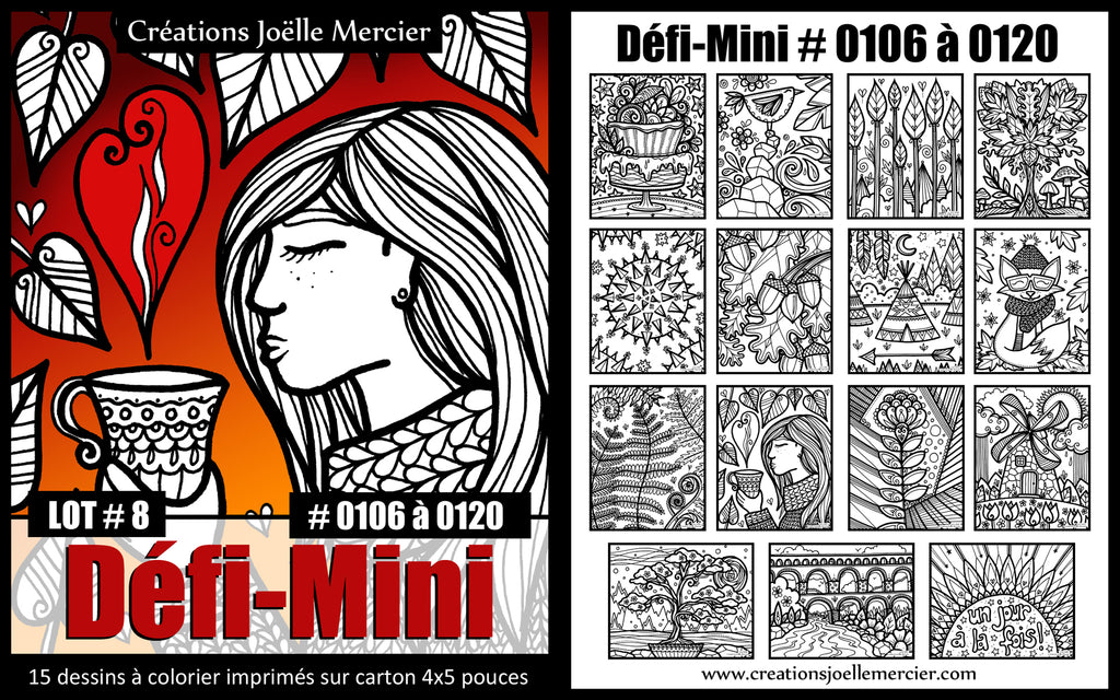 Sachet DÉFI-MINI, LOT #8, 15 dessins imprimés sur carton, format 4x5 pouces, Minis #0106 à 0120