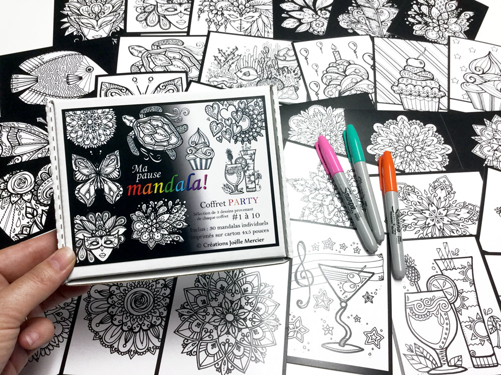 Coffret PARTY #1, Ma pause mandala, inclus 30 dessins de petit format à colorier au quotidien, mixte des coffrets 1 à 10
