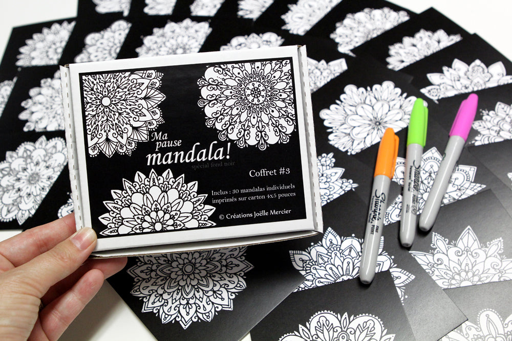 Coffret #3, Ma pause mandala, spécial fond noir, inclus 30 dessins de petit format à colorier au quotidien