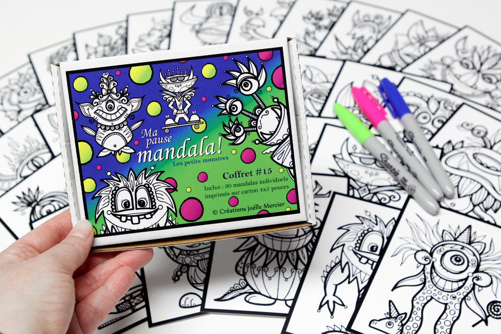 Coffret #15, Ma pause mandala, Les petits MONSTRES, inclus 30 dessins de petit format à colorier au quotidien