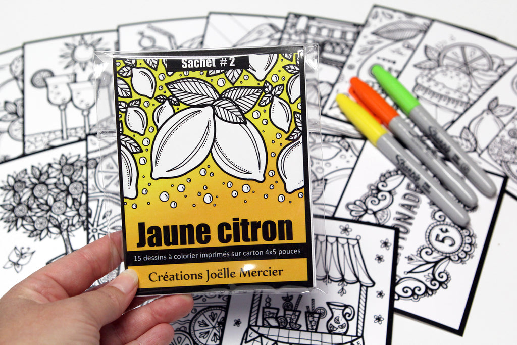 Sachet #2 Jaune citron, inclus 15 dessins à colorier, imprimés sur carton, format 4x5 pouces