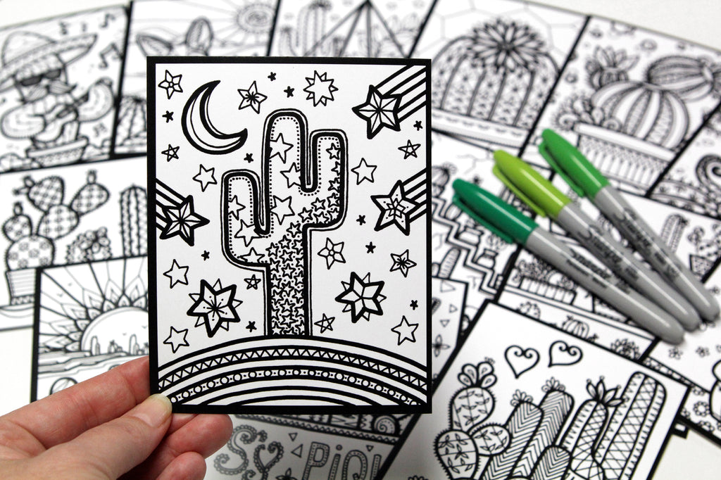 Sachet #9 Cactus, inclus 15 dessins à colorier, imprimés sur carton, format 4x5 pouces