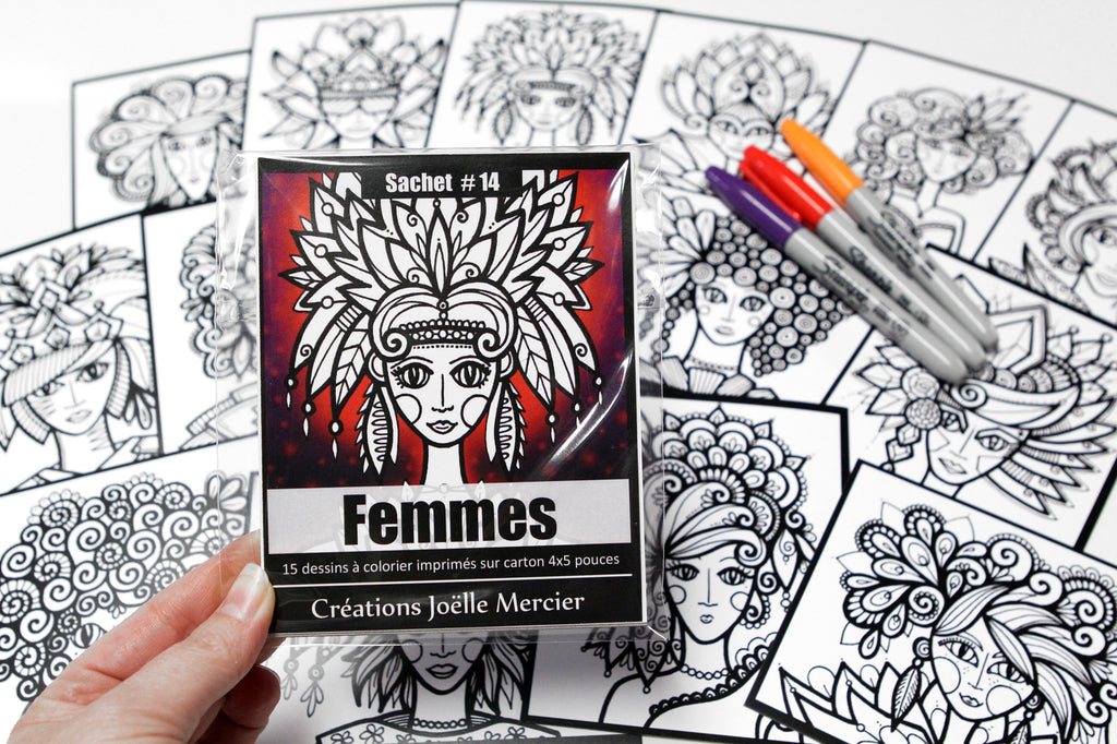 Sachet #14 Femmes, inclus 15 dessins à colorier, imprimés sur carton, format 4x5 pouces
