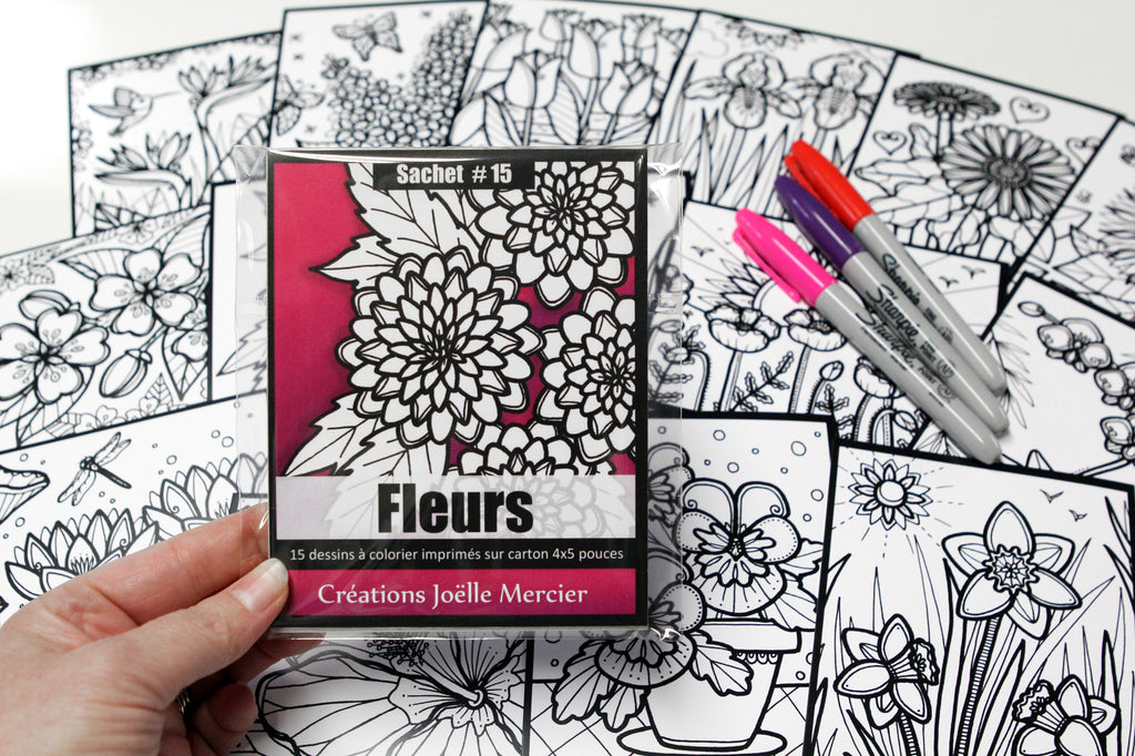 Sachet #15 Fleurs, inclus 15 dessins à colorier, imprimés sur carton, format 4x5 pouces