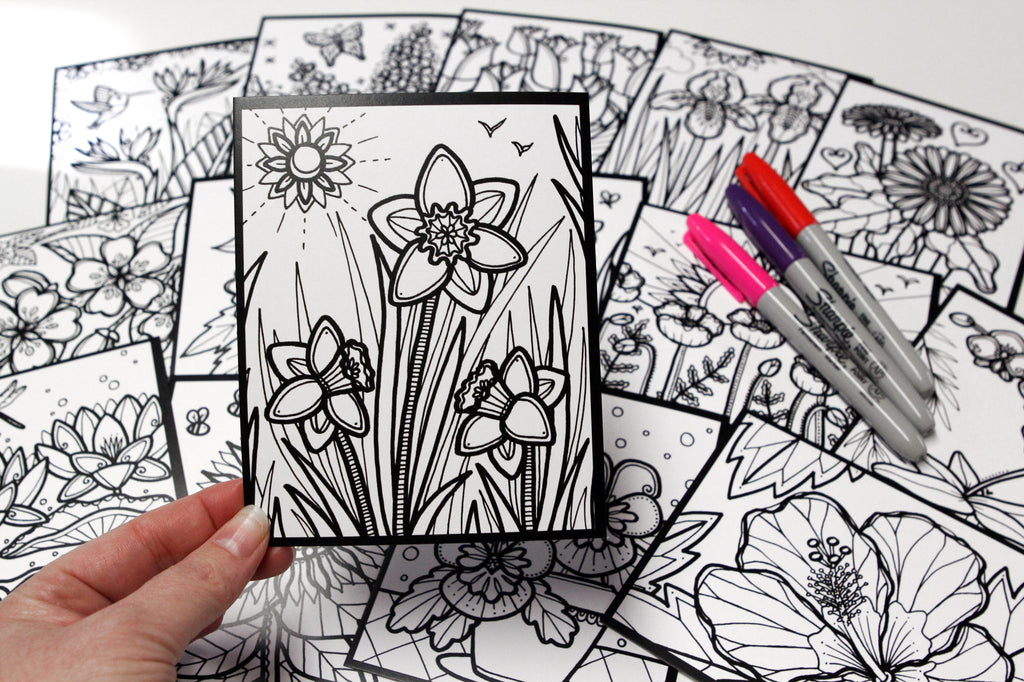 Sachet #15 Fleurs, inclus 15 dessins à colorier, imprimés sur carton, format 4x5 pouces