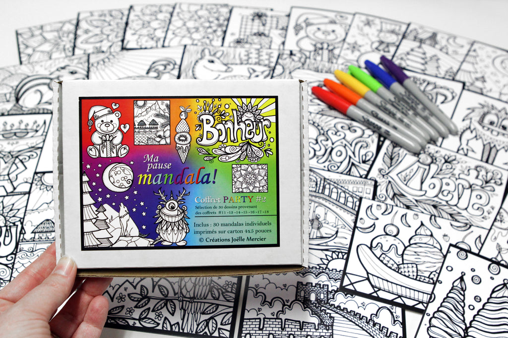 Coffret PARTY #2, Ma pause mandala, inclus 30 dessins sélectionnés de petit format à colorier au quotidien