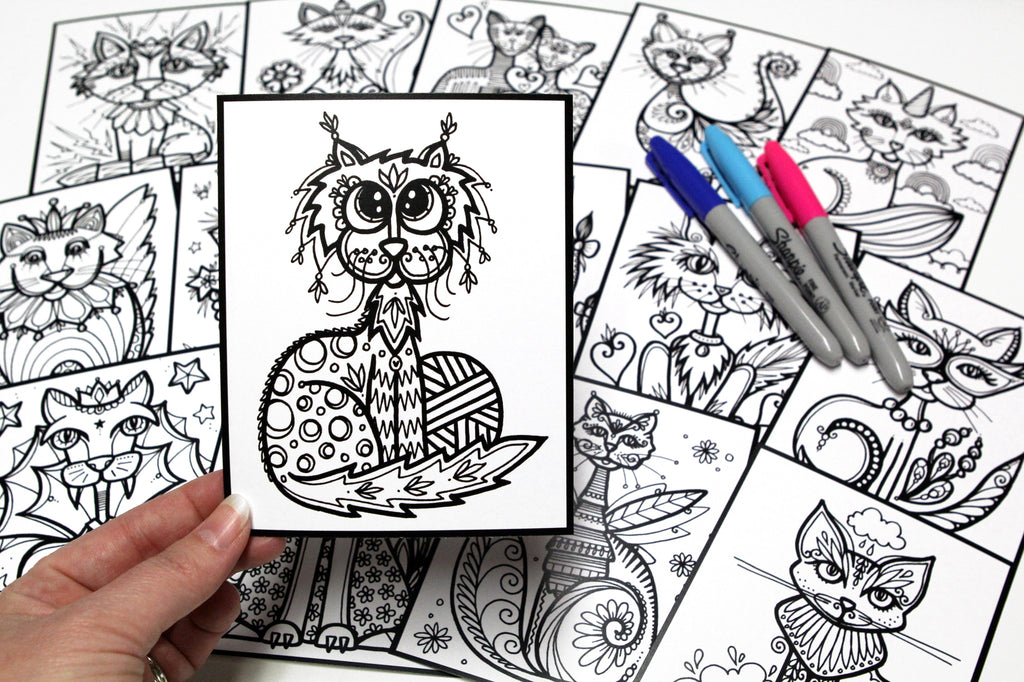 Sachet #22 Drôles de chats, inclus 15 dessins à colorier, imprimés sur carton, format 4x5 pouces