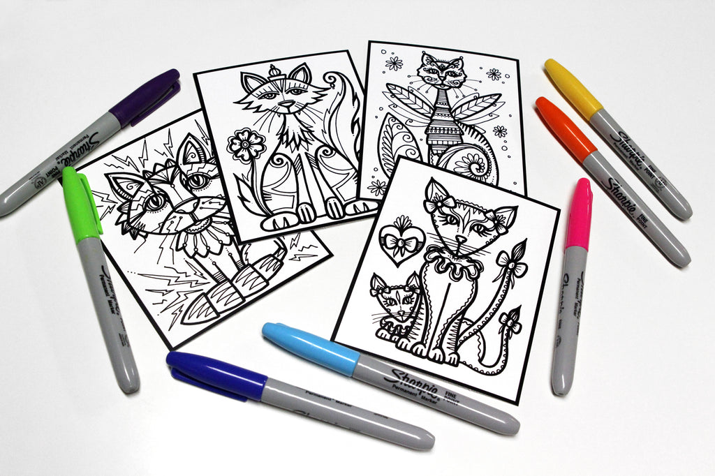 Sachet #22 Drôles de chats, inclus 15 dessins à colorier, imprimés sur carton, format 4x5 pouces