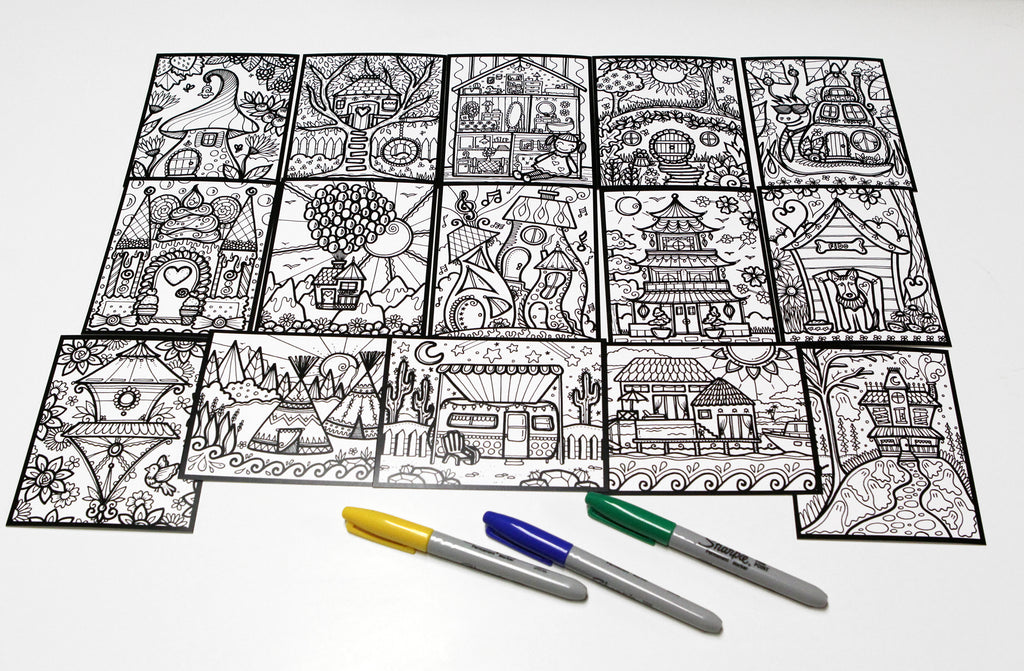 Sachet #24 Maisons, inclus 15 dessins à colorier, imprimés sur carton, format 4x5 pouces