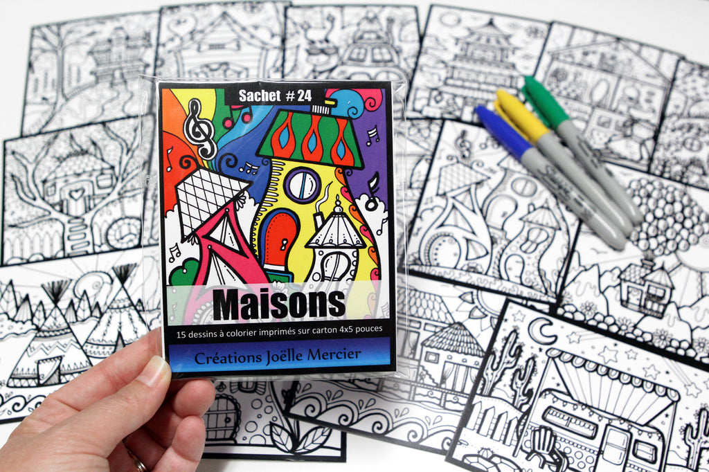 Sachet #24 Maisons, inclus 15 dessins à colorier, imprimés sur carton, format 4x5 pouces