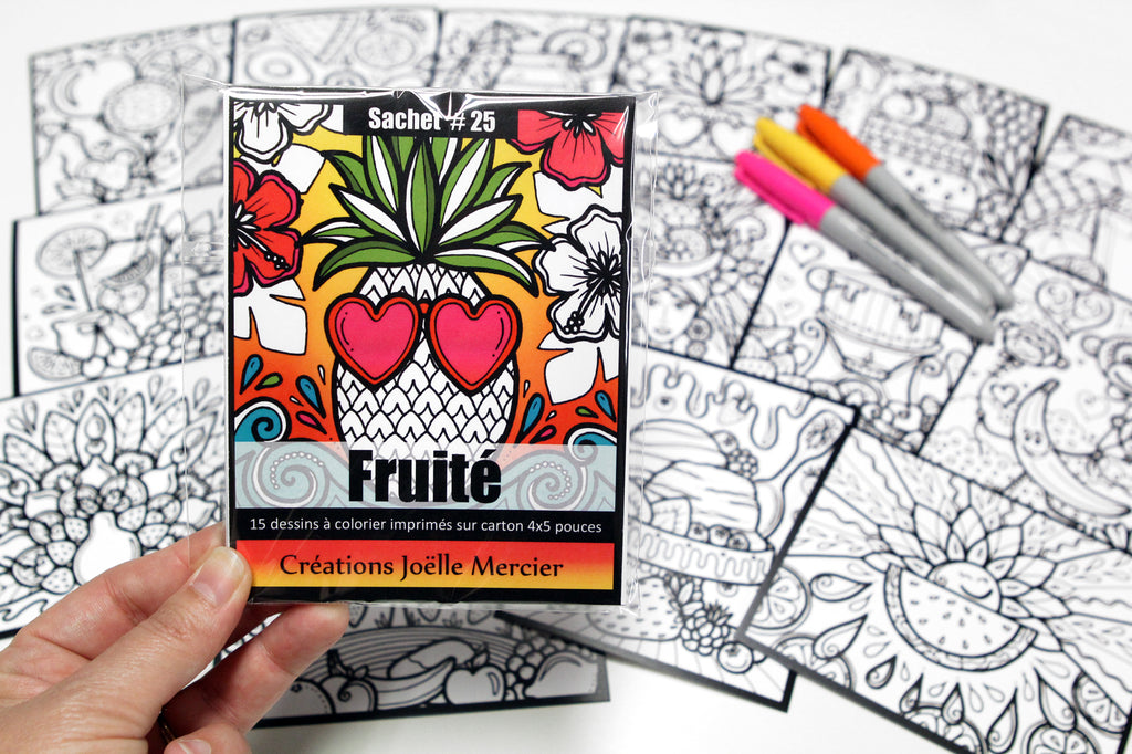 Sachet #25 Fruité, inclus 15 dessins à colorier, imprimés sur carton, format 4x5 pouces