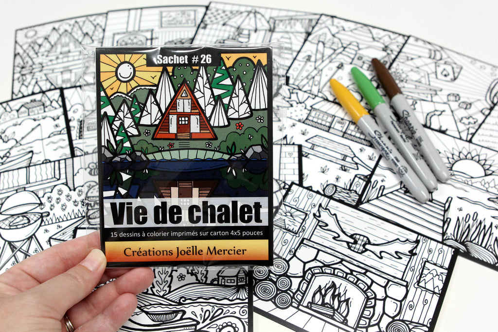 Sachet #26 Vie de chalet, inclus 15 dessins à colorier, imprimés sur carton, format 4x5 pouces