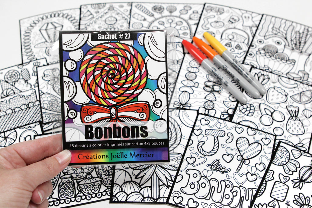 Sachet #27 Bonbons, inclus 15 dessins à colorier, imprimés sur carton, format 4x5 pouces