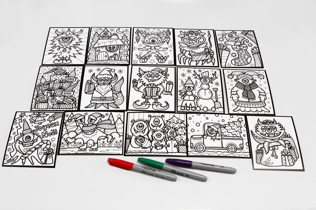 Sachet #29 Petits monstres de Noël, inclus 15 dessins à colorier, imprimés sur carton, format 4x5 pouces