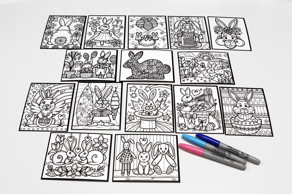 Sachet #32 Lapins, inclus 15 dessins à colorier, imprimés sur carton, format 4x5 pouces