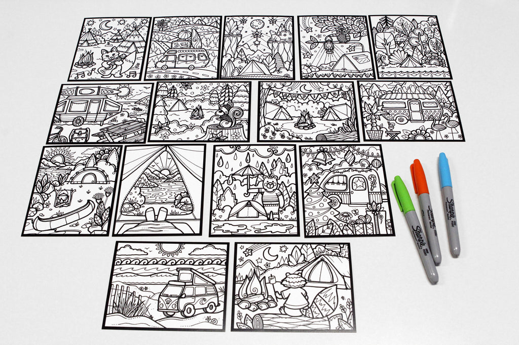 Sachet #33 Camping, inclus 15 dessins à colorier, imprimés sur carton, format 4x5 pouces