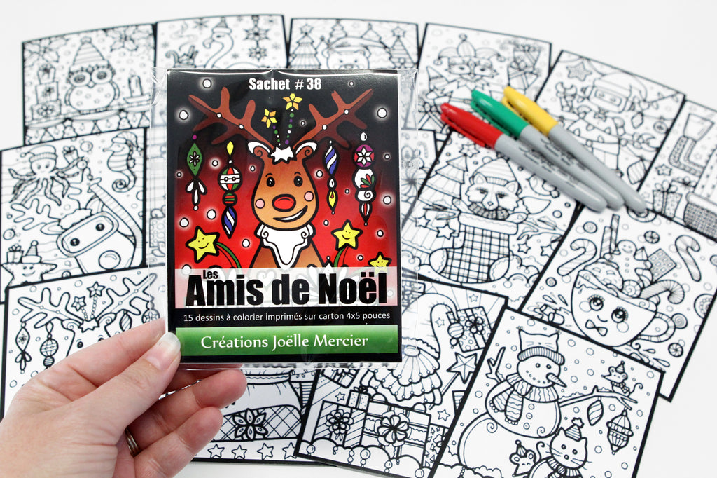 Sachet #38 Les Amis de Noël, inclus 15 dessins à colorier, imprimés sur carton, format 4x5 pouces