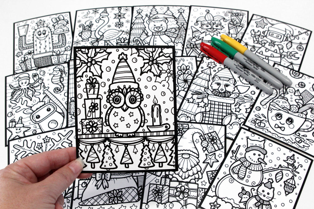 Sachet #38 Les Amis de Noël, inclus 15 dessins à colorier, imprimés sur carton, format 4x5 pouces