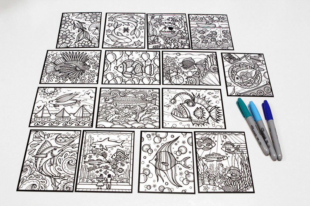 Sachet #40 Poissons, inclus 15 dessins à colorier, imprimés sur carton, format 4x5 pouces