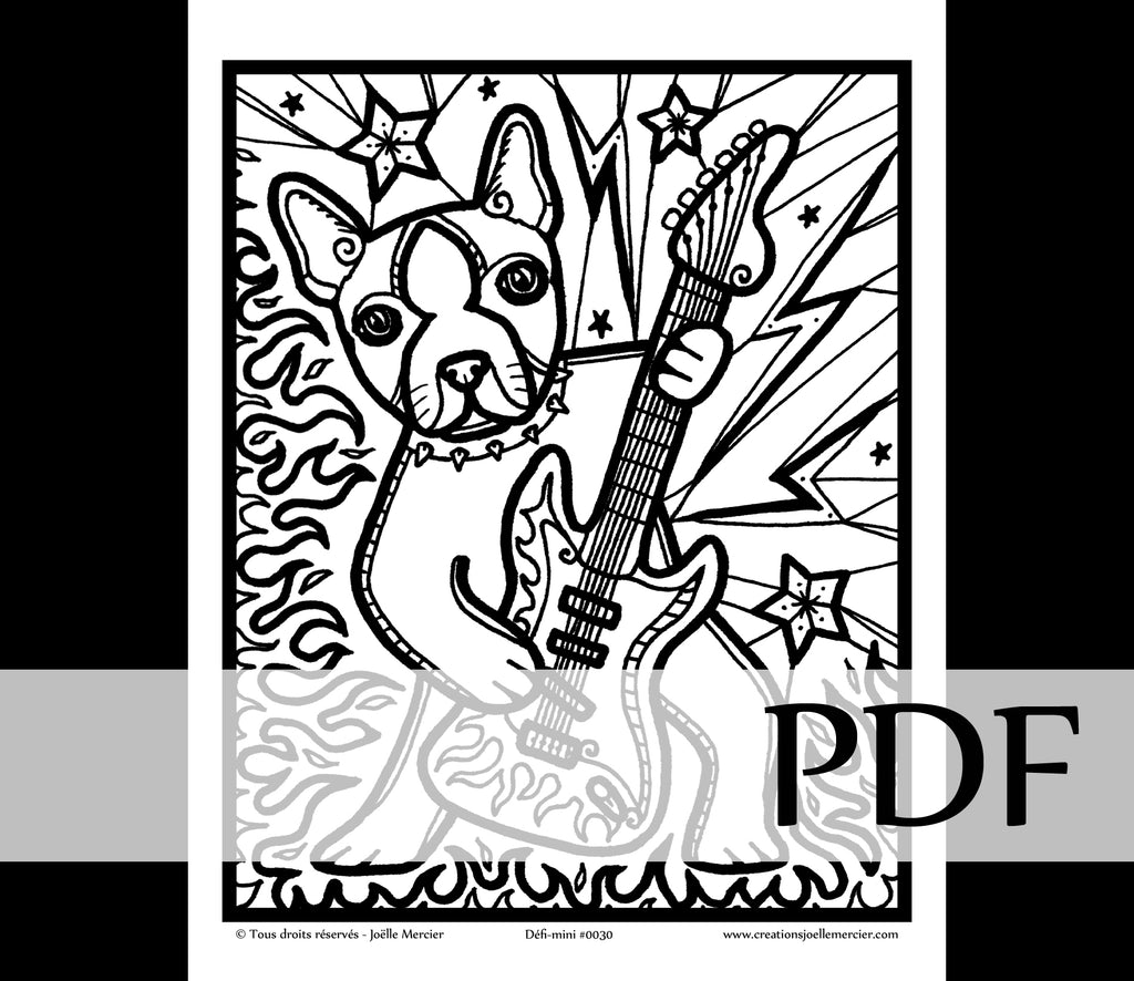 Téléchargement instantané - PDF à imprimer et colorier - Défi-mini #0030 ROCKY, chien, guitare électrique
