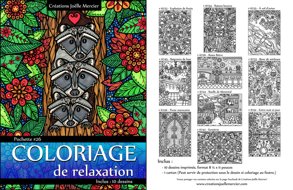 Pochette #26 - 10 dessins - Coloriage de relaxation - Ratons laveurs, méduses, chats, avion, fruits...