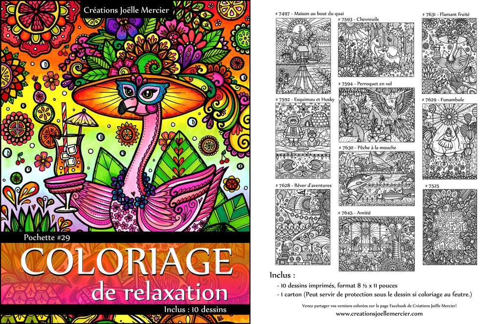 Pochette #29 - 10 dessins - Coloriage de relaxation - Oiseaux, poissons, personnages...