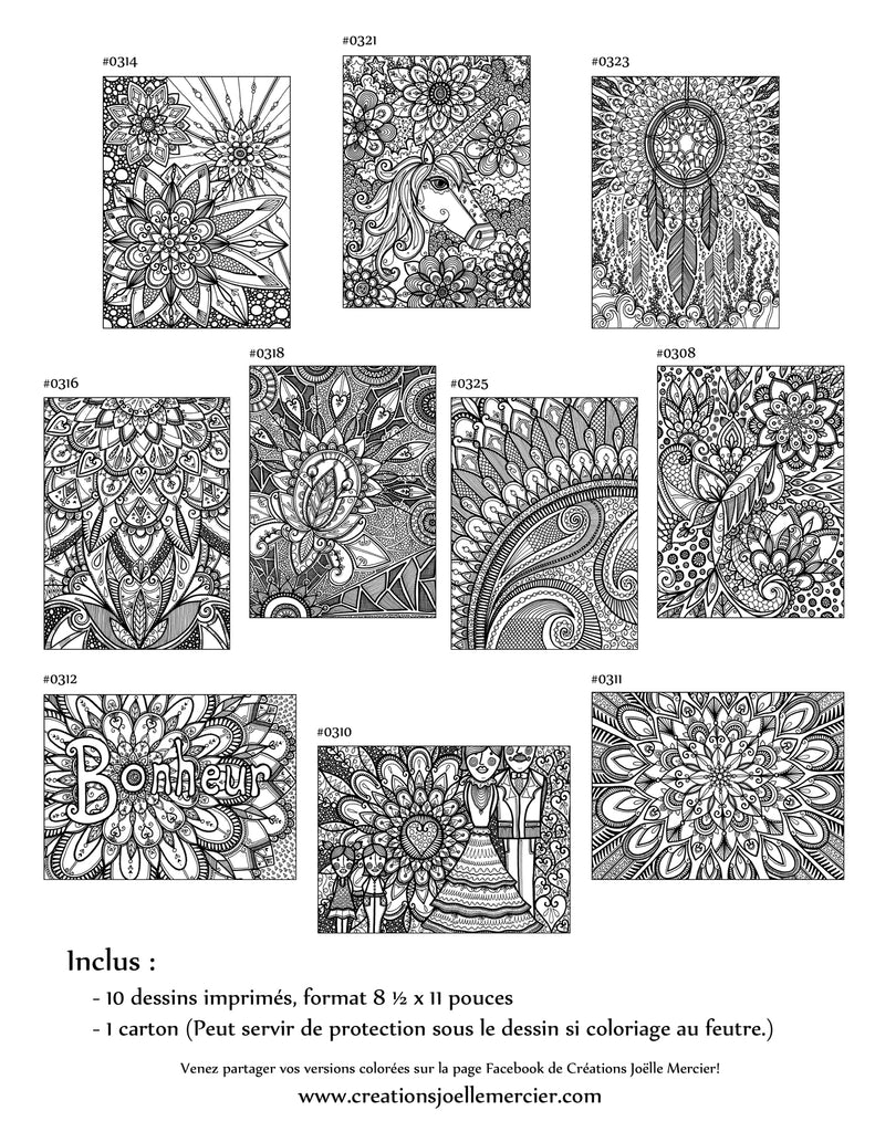 Pochette #8 - 10 dessins - Coloriage de relaxation - licorne, capteur de rêves, fleurs, mandala, bonheur, famille