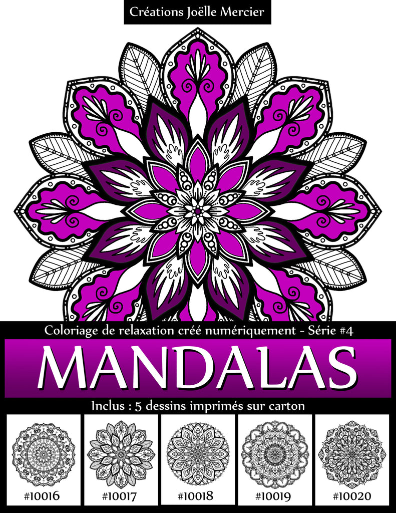 Pochette MANDALAS Série #4 - Coloriage de relaxation créé numériquement - 5 dessins imprimés sur carton