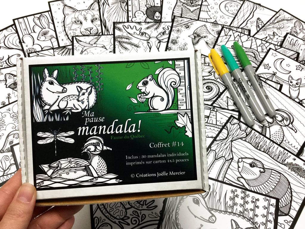 Coffret #14, Ma pause mandala, Faune du Québec, inclus 30 dessins de petit format à colorier au quotidien