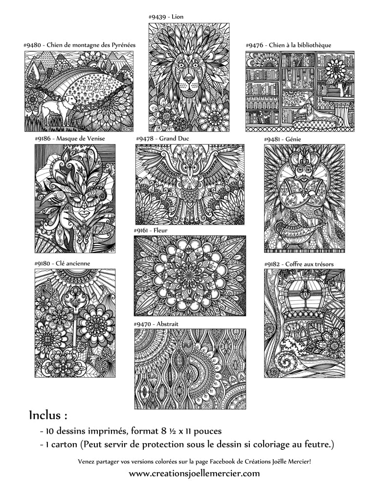 Pochette #7 - 10 dessins - Coloriage de relaxation - lion, chiens, Venise, génie, hibou, clé, coffre aux trésors, fleurs