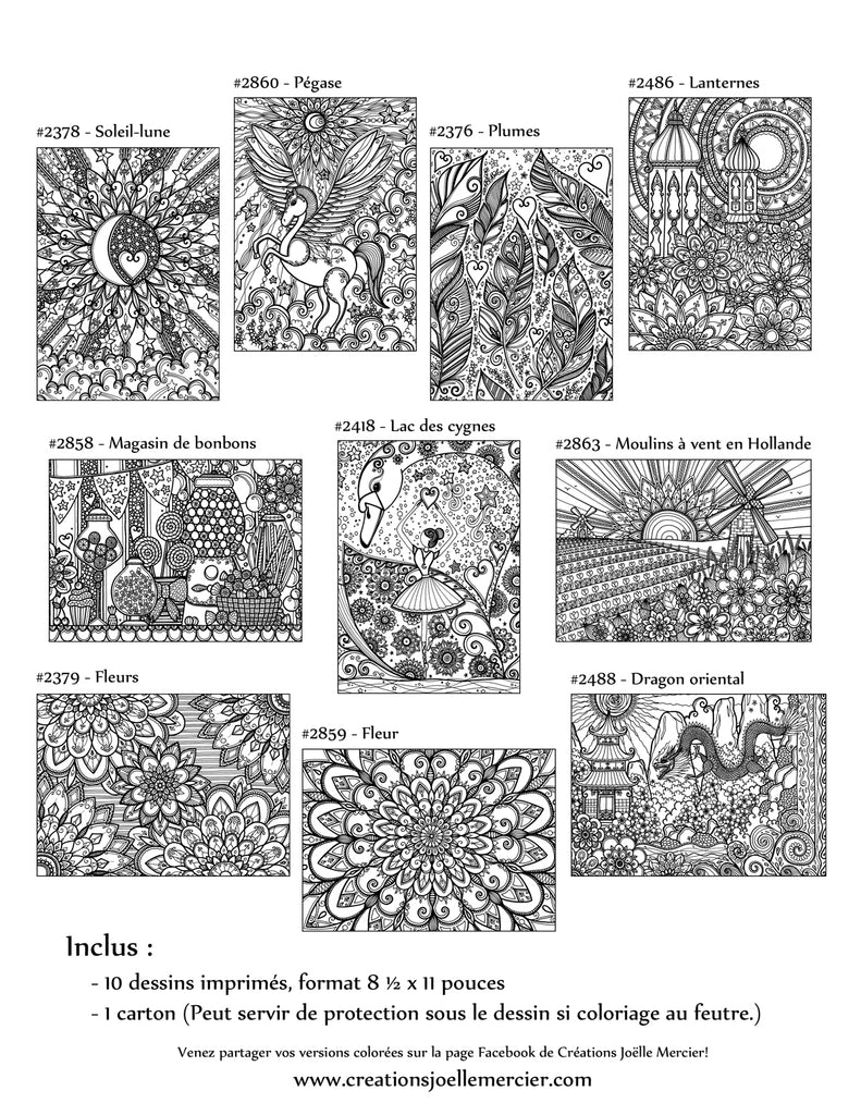 Pochette #13 - 10 dessins - Coloriage de relaxation - pégase, plumes, bonbons, ballerine, moulins, dragon oriental, mandala, fleurs, lune