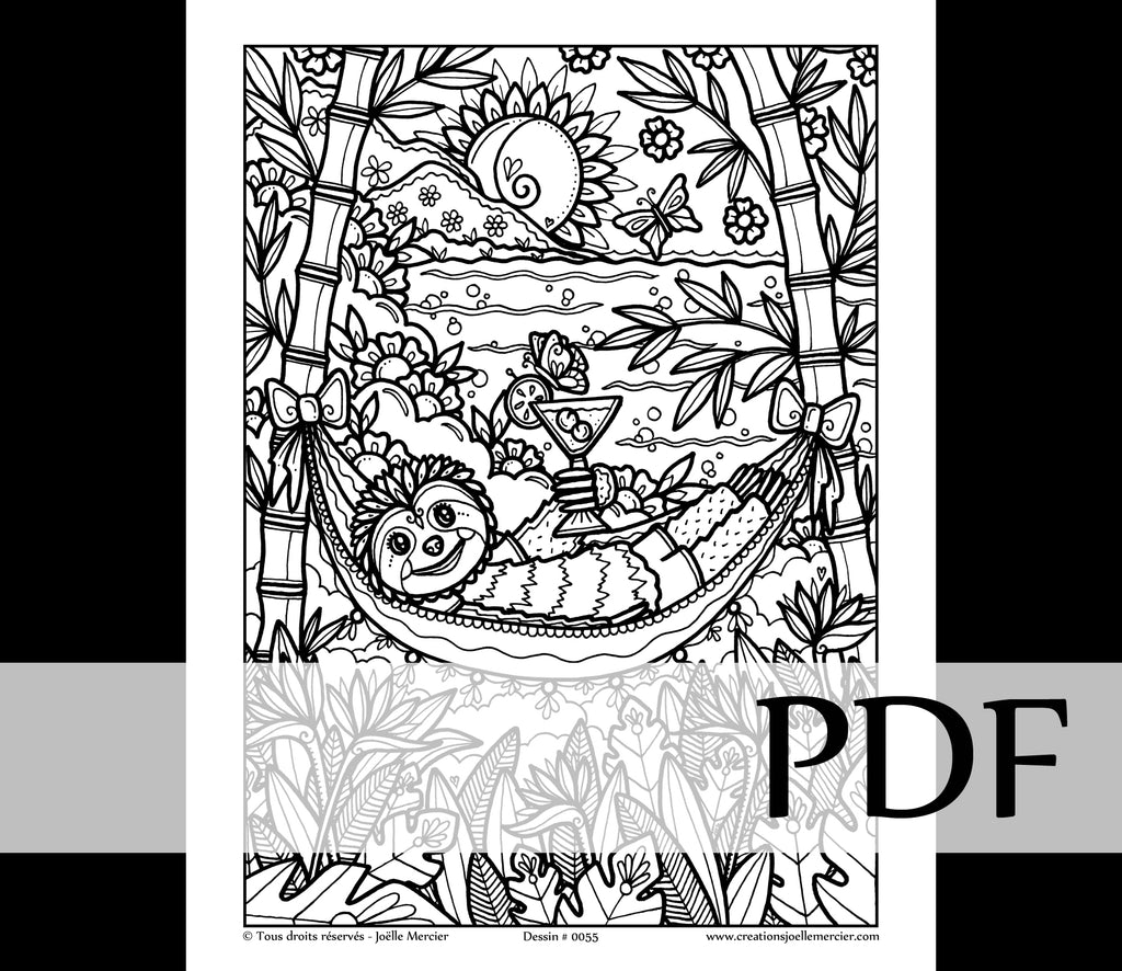 Téléchargement instantané - PDF à imprimer et colorier - MOMENT DE PARESSE, paresseux #0055