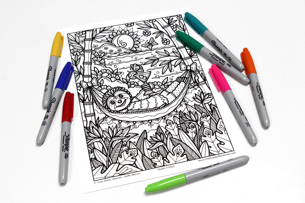 Dessin #0055 - Mandala à colorier imprimé sur carton - MOMENT DE PARESSE, paresseux, hamac
