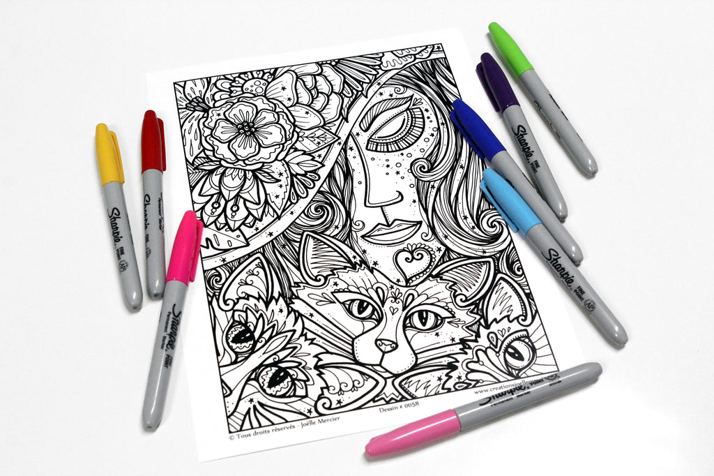 Dessin #0058 - Mandala à colorier imprimé sur carton - LA DAME AUX CHATS