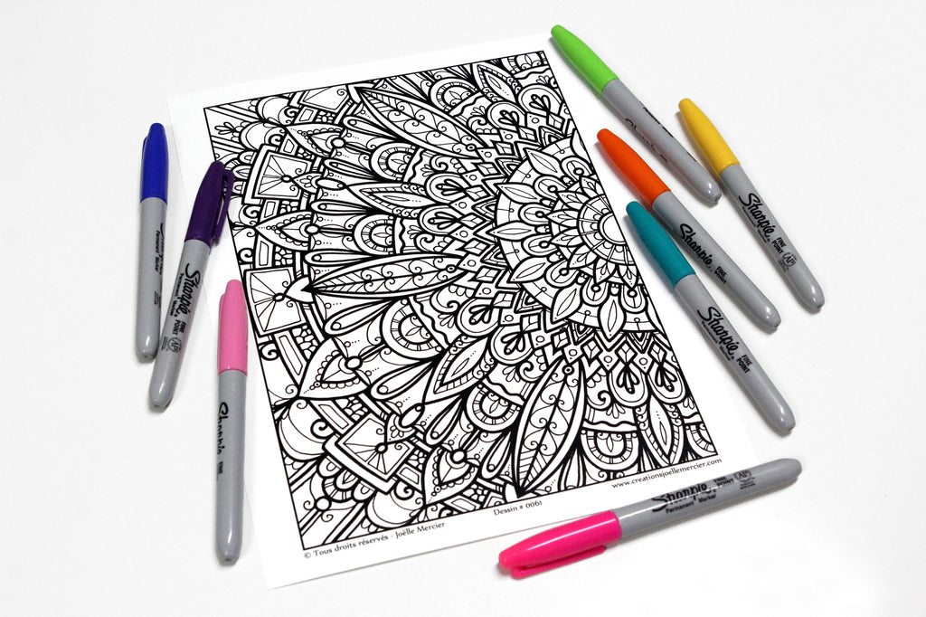 Dessin #0061 - Mandala à colorier imprimé sur carton - FLEUR, demi-mandala