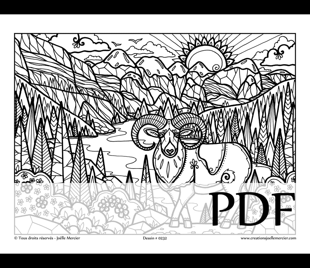 Téléchargement instantané - PDF à imprimer et colorier - MOUFLON AU LAC MORAINE #0232